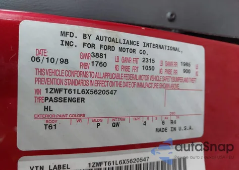 1999 Mercury Cougar V6 z USA, uszkodzony, nr VIN 1ZWFT61L6X5620547